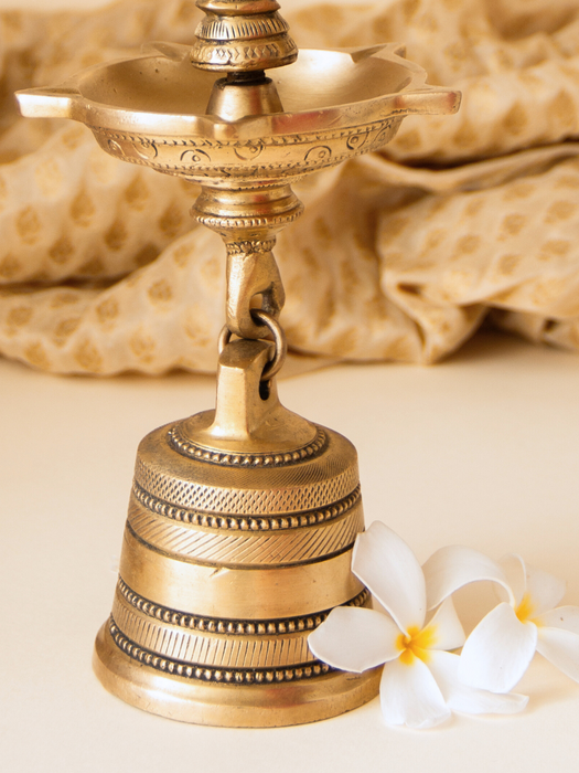 Brass Peacock Pancham Diya With Bell with Hanging Chain