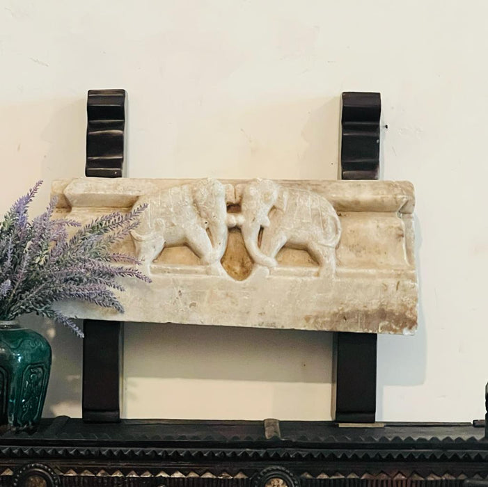 Gajraj 1 : Vintage Stone Carved  Elephant panel in Marble with wooden supports