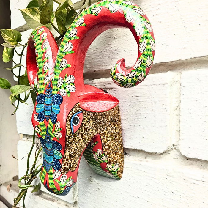 Hand painted wooden ram head (Gond  Art) Red