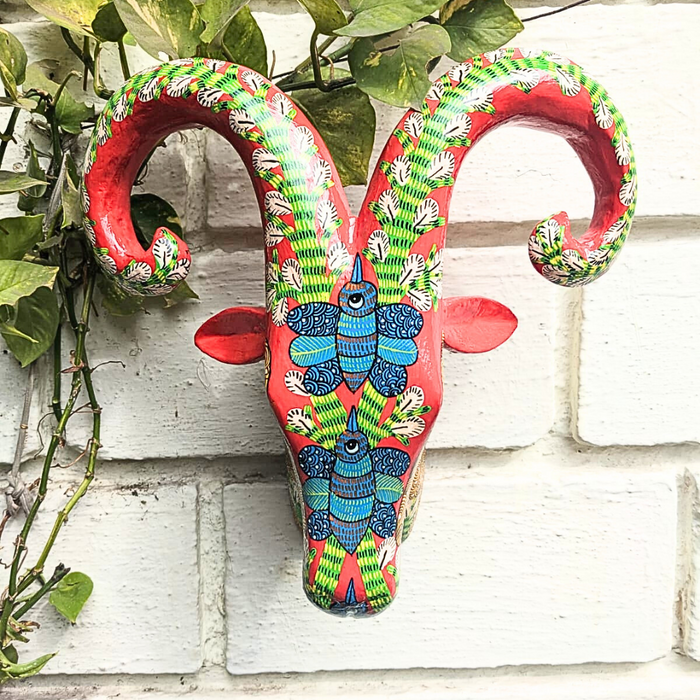 Hand painted wooden ram head (Gond  Art) Red