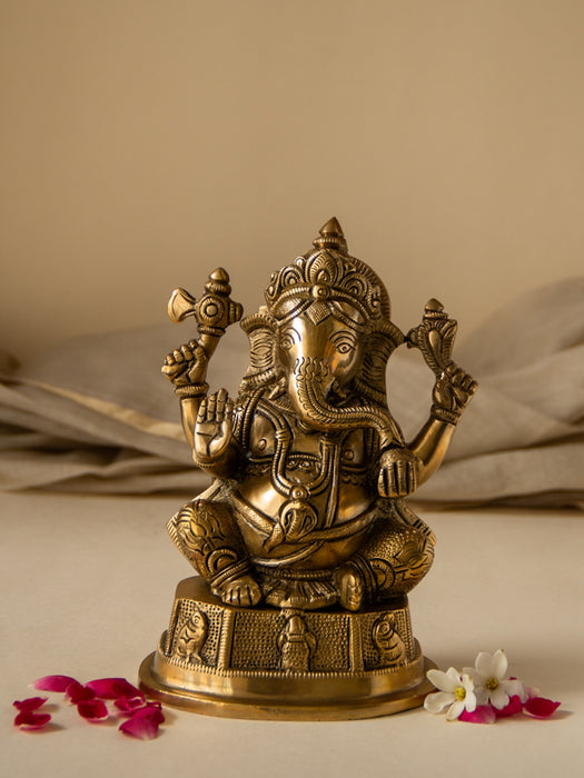 Lord Ganesh Brass Idol Seated on Pedestal