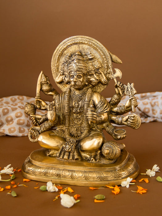 Panchmukhi Hanuman Brass Idol Seated on Pedestal
