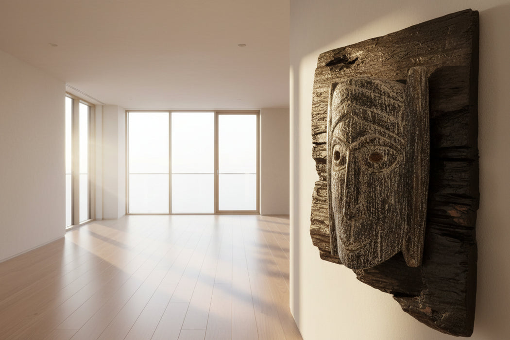 Wooden Mask Wall Art on Raw Wood Frame: Mukhauta 4
