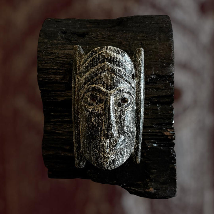 Wooden Mask Wall Art on Raw Wood Frame: Mukhauta 4