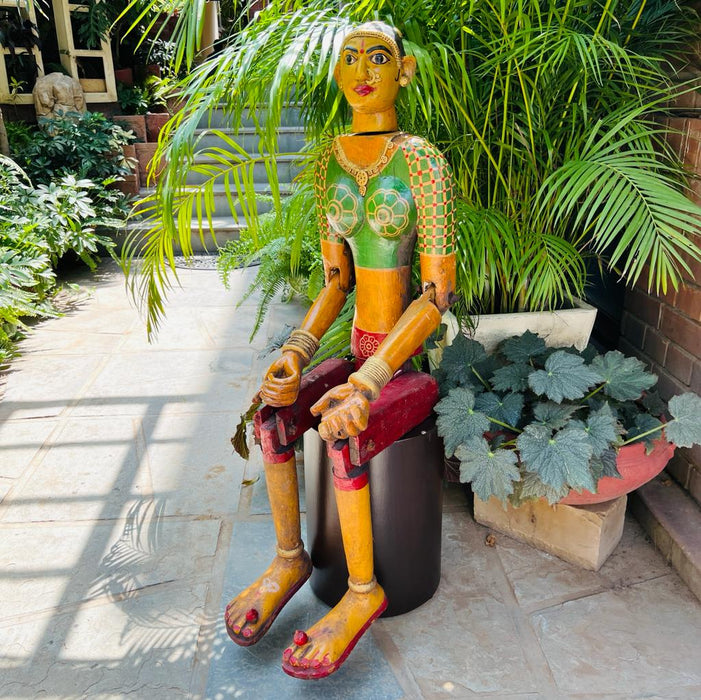 Mahila 1  : Human Sized , Wooden, Handpainted Indian  Woman  Sculpture with Hinged Legs and Arms,