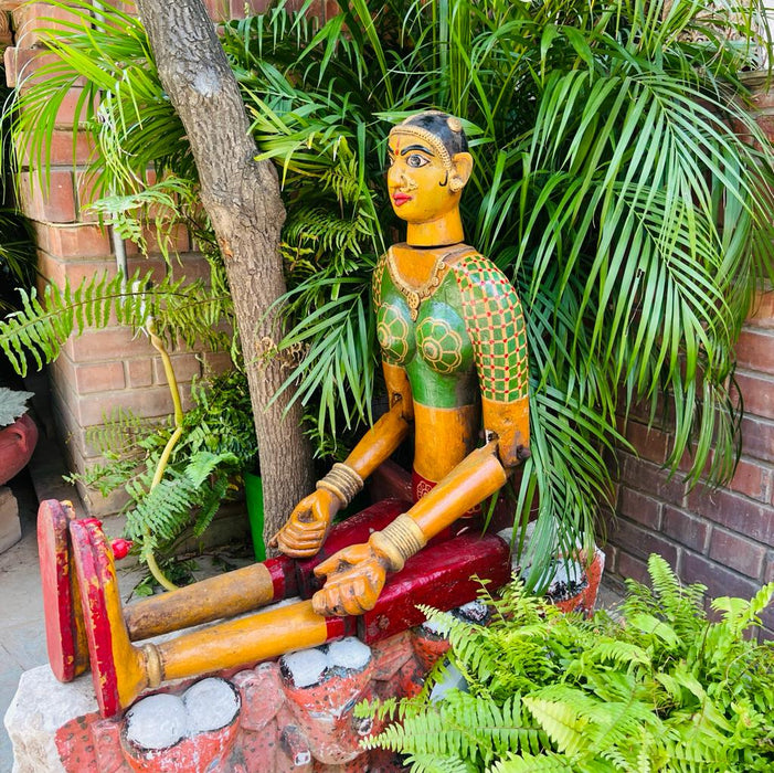 Mahila 1  : Human Sized , Wooden, Handpainted Indian  Woman  Sculpture with Hinged Legs and Arms,
