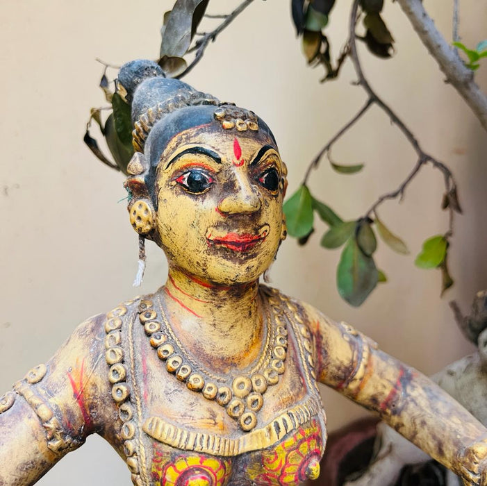 Mahila 2   : Artisanal  Wooden Sculpture of Indian Woman in Distress Finsh and Jewel Tones