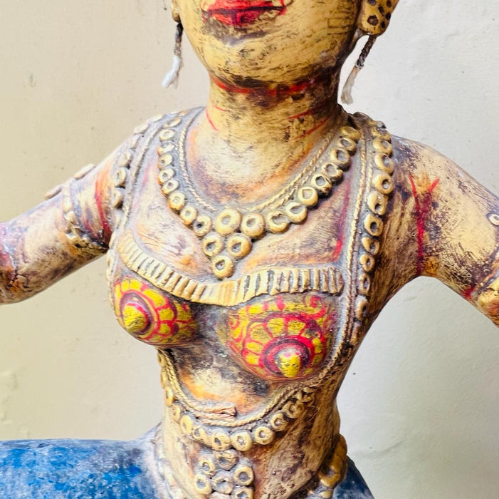 Mahila 2   : Artisanal  Wooden Sculpture of Indian Woman in Distress Finsh and Jewel Tones