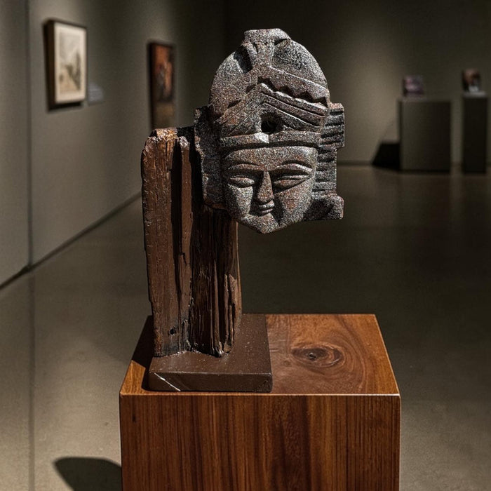 Wooden Mask on Raw Wood Frame with Stand : Mukhauta 7