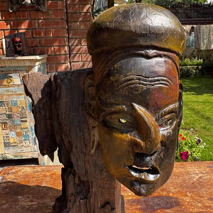 Wooden Mask on Raw Wood Frame with Stand ; Mukhauta 2