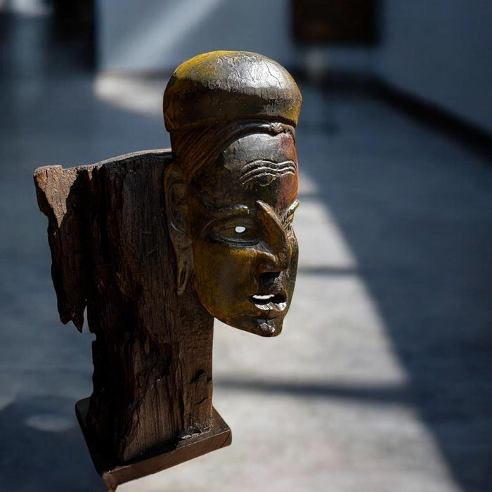 Wooden Mask on Raw Wood Frame with Stand ; Mukhauta 2