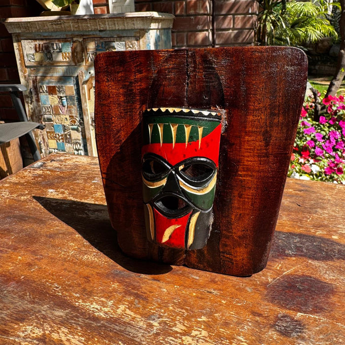 Cheerful African Mask on Wood Panel : Mukhauta 13