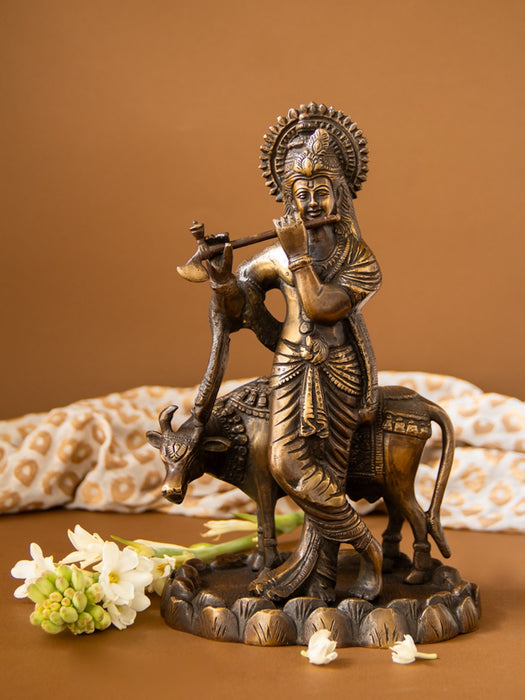 Krishna Playing Flute with Cow Brass Idol
