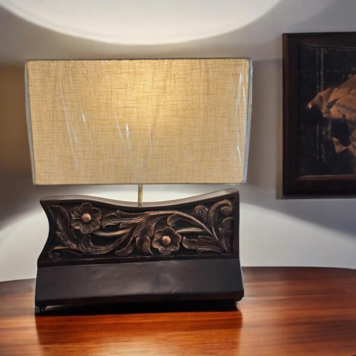 Carved Wood lamp : Noor 16  ( Shade included)