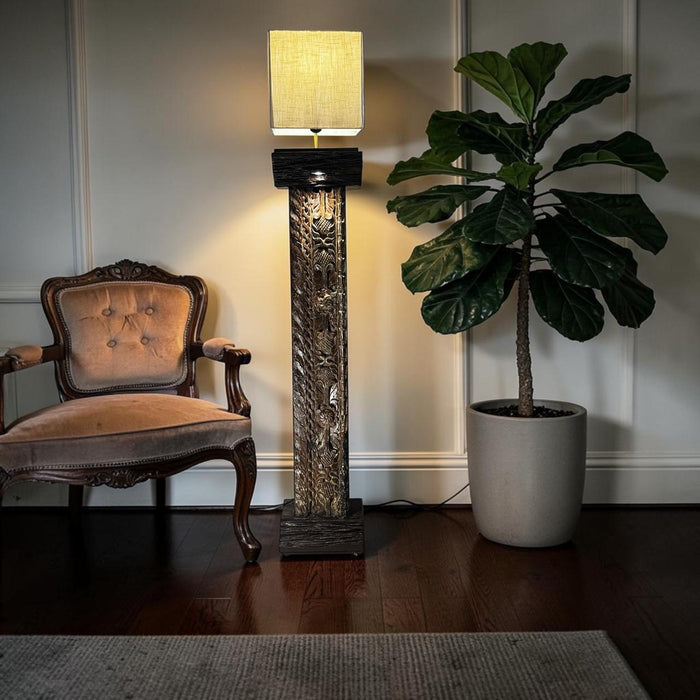 Carved Teak Wood Lamp : Noor 21  (Shade Included)