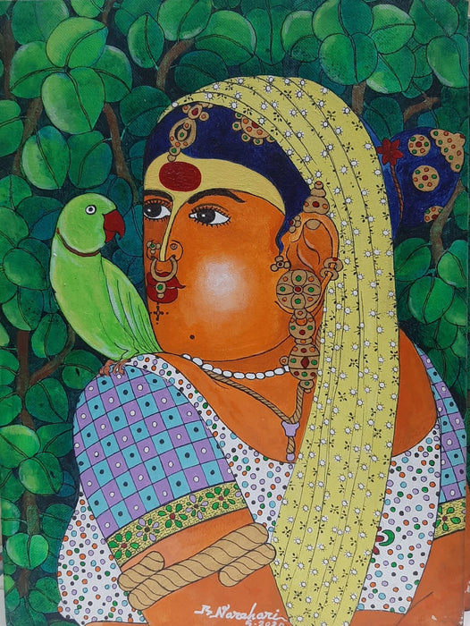 Contemporary Original Indian Art : Lady with Parot -2