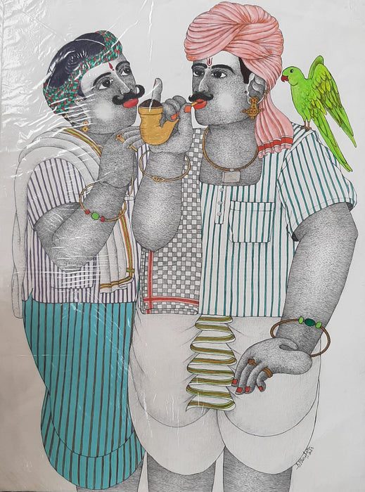 Contemporary Original Indian Art : Two men smoking pipe