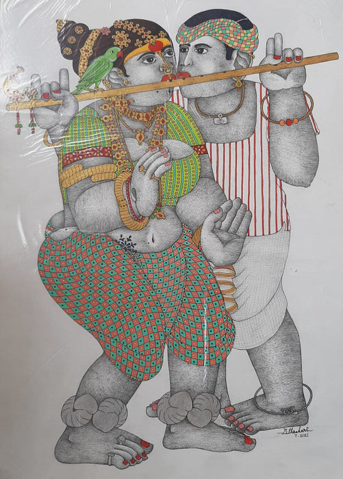 Contemporary Original Indian Art : Man and women playing flute