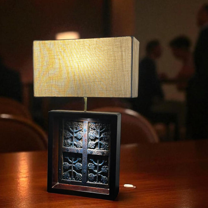 Leafy Carving Teak Wood Panel Lamp – Original Blue with Metal Accents: Noor 43