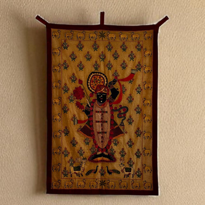 Large Embroidered Pichwai – Govinda with Floral & Cow Motifs
