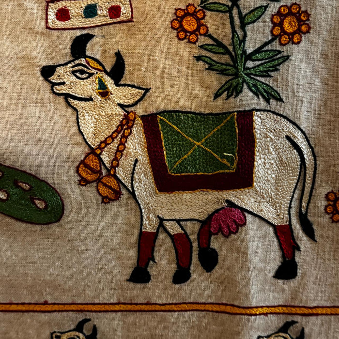 Large Embroidered Pichwai – Govinda with Floral & Cow Motifs