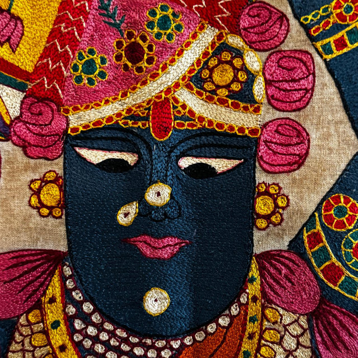 Large Embroidered Pichwai – Govinda with Floral & Cow Motifs