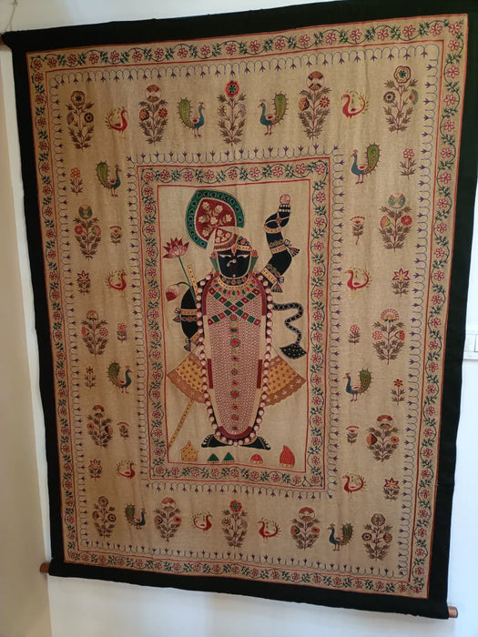 Large Embroidered Pichwai – Srinathji with Floral & Peacock Motifs
