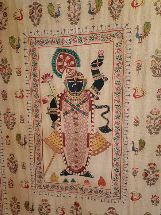 Large Embroidered Pichwai – Srinathji with Floral & Peacock Motifs