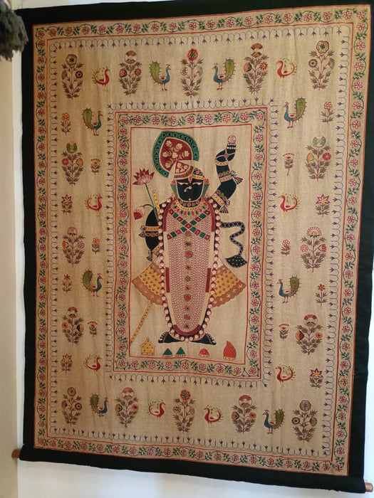 Large Embroidered Pichwai – Srinathji with Floral & Peacock Motifs