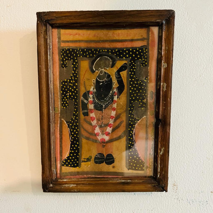 Shrinathji 6 : Vintage, Handpainted Pichwai with muted jewel colours (7 inches, framed)