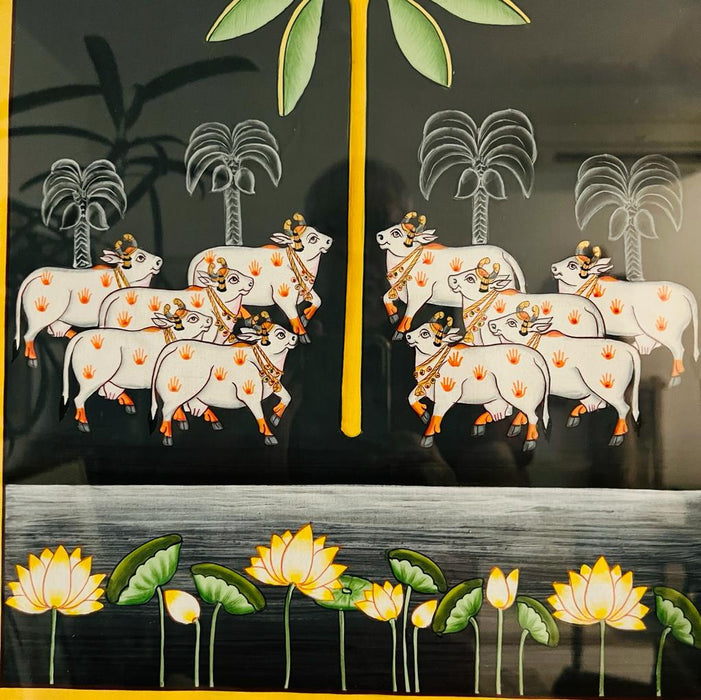 Mordern Pichwai Painting : Classic Pichwai Style painting of tradtitional motifs of cows and lotus (23.5inches, framed)