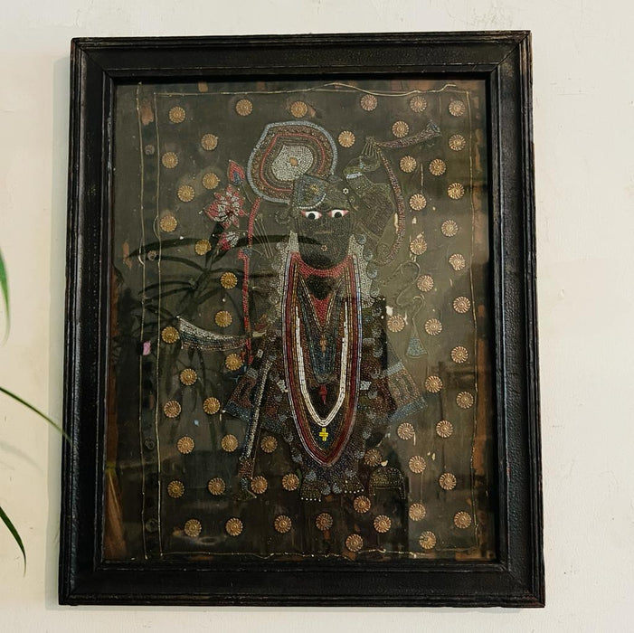 Srinathji 9 : Embellished Vintsge Pichwai Painting in Black ( Framed)