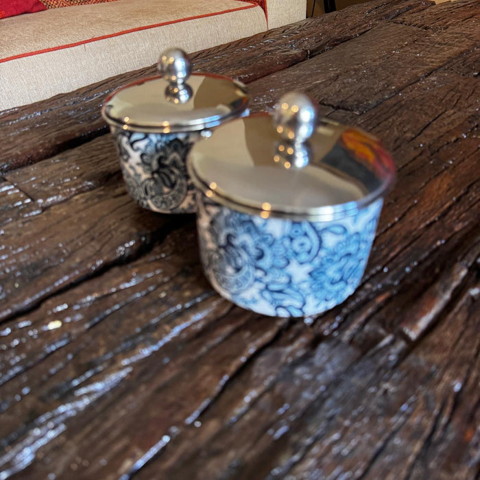 Set of Two Indigo Paisley Stainless Steel Storage Jars