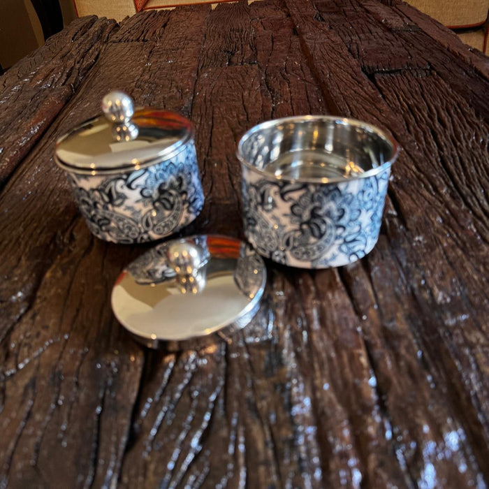Set of Two Indigo Paisley Stainless Steel Storage Jars