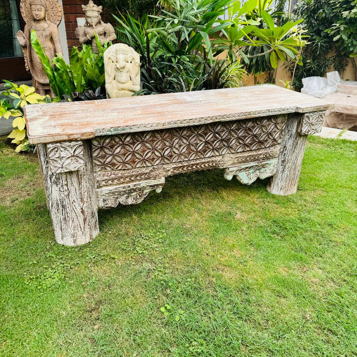 Carved Wooden Bench in Distressed Finish   ; Mussarat 4