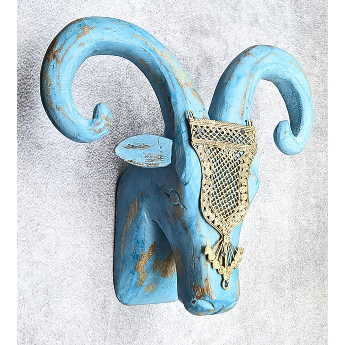 Brass Accessorized Wooden Ram Head ( Blue distress)