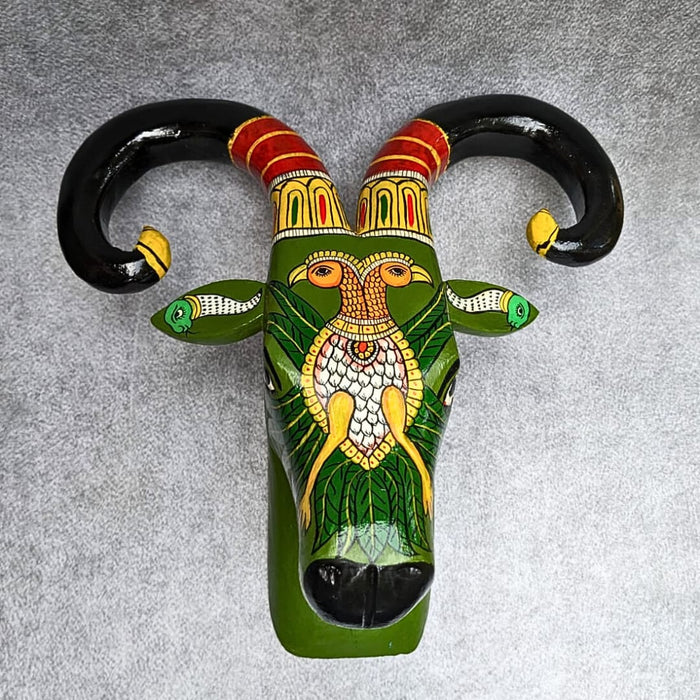 Hand painted wooden ram head (Cheriyal Art) Green