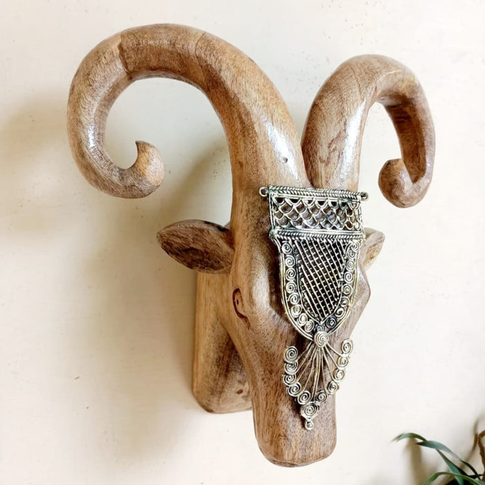 Brass Accessorized Wooden Ram Head