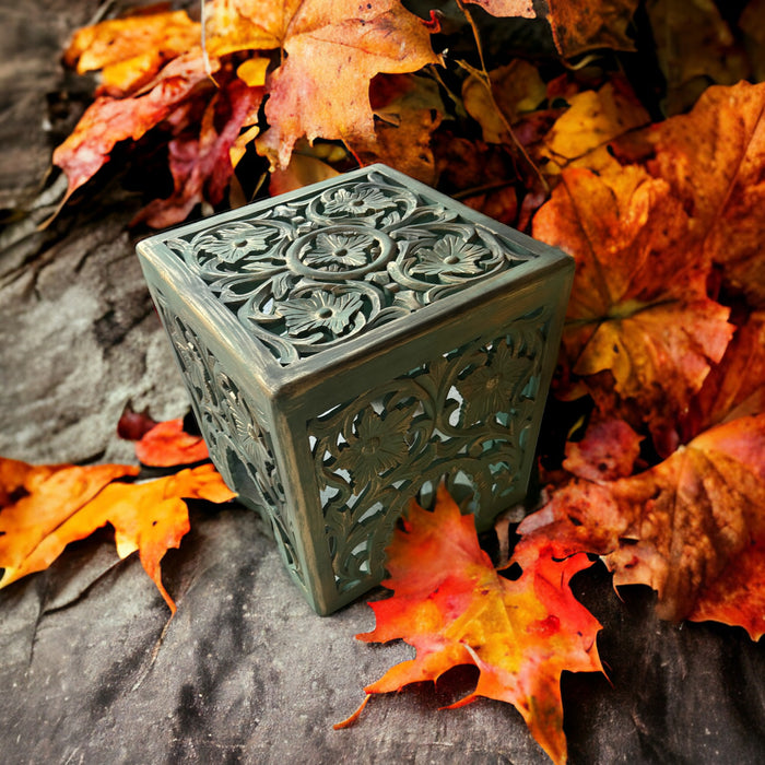 Guftagu 2  : Wooden  Carved Cube  Side table ( Gold Distress)