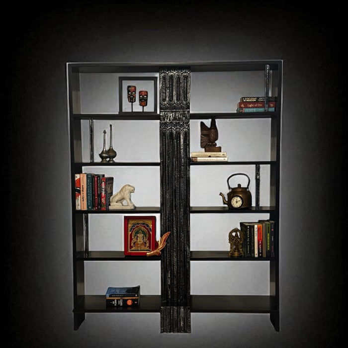 Bookshelf with Central Teak Wood Panel – Silver & Black Distress Finish : Zarish 4