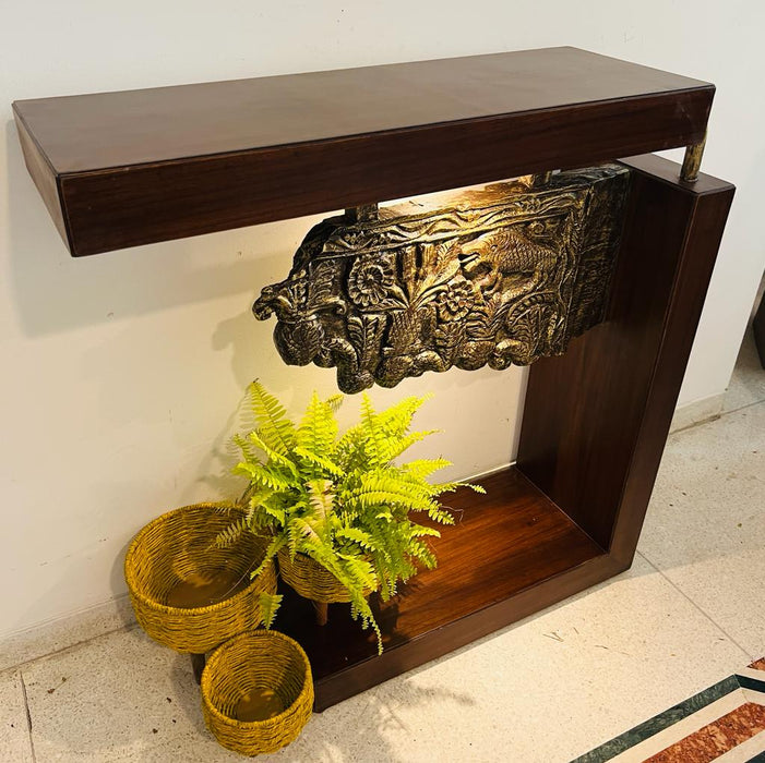 Bahaar : Rustic Raw Wood Wooden console with inset lighting ( 3.5 feet)