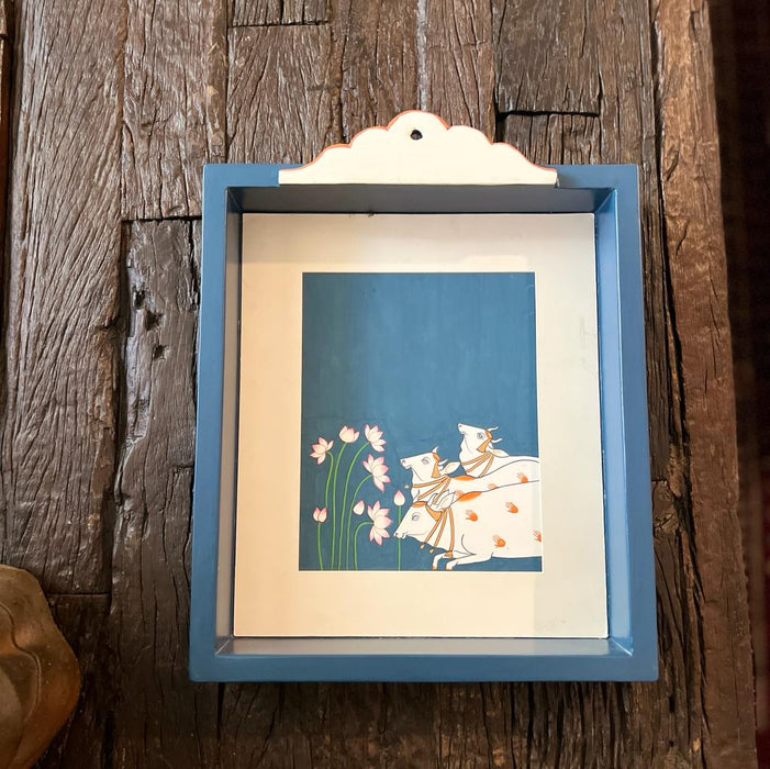 Lotus Pichwai Painting : Cow & Lotus  Motif Pichwai Painting with Custom Crown Frame (Framed)