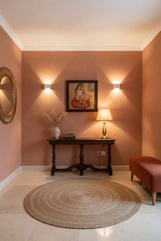 A framed traditional Indian folk art painting depicting a mother holding her child, mounted on a textured white wall.