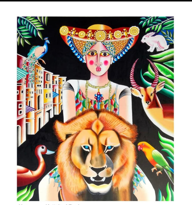 Contemporary Original Indian Art : Lion & Women