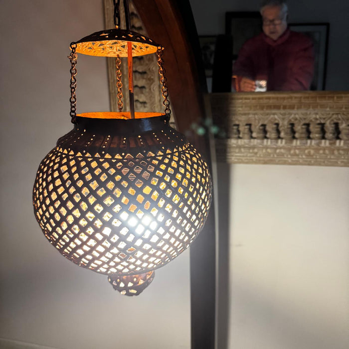 Vintage Copper Light with Carved Teak Panel : Noor 60