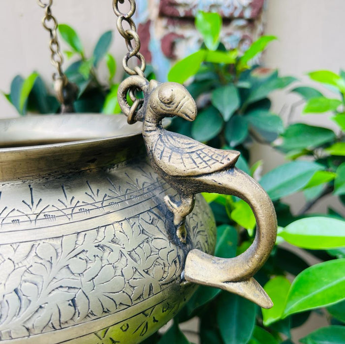 Pital 4 :  Parrot Details on Brass hanging Handi / Planter ( includes Chains)