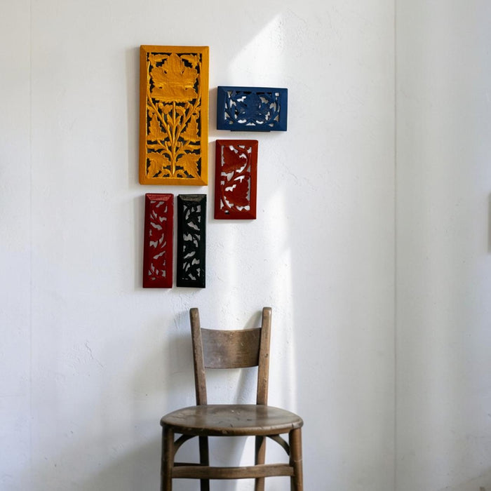 Walnut Wood Carved Panels – Set of 5