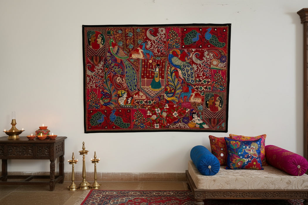 Colorful tapestry with intricate patterns and figures on a white wall