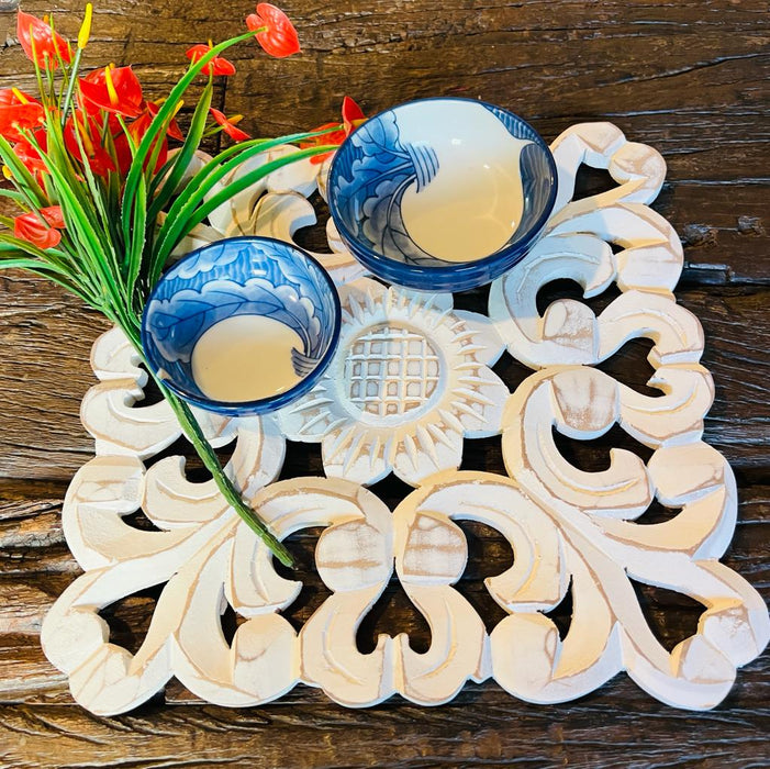 Aarav  2 : Stylish White Carved  Wooden Trivet