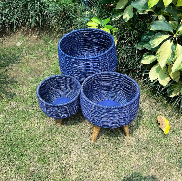 Afsar: Blue finish Sea Grass planters  ( Set of 3 Planters)